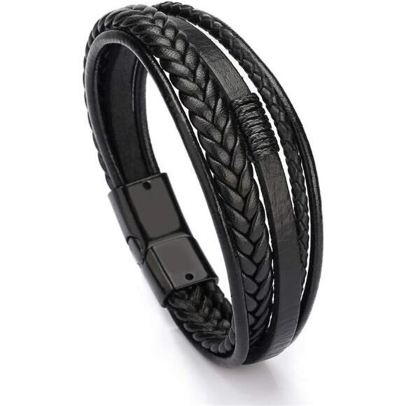 Mens Black Brown Leather Bracelet Multi Strand Braided Casual Wristband Gift - Picture 1 of 8